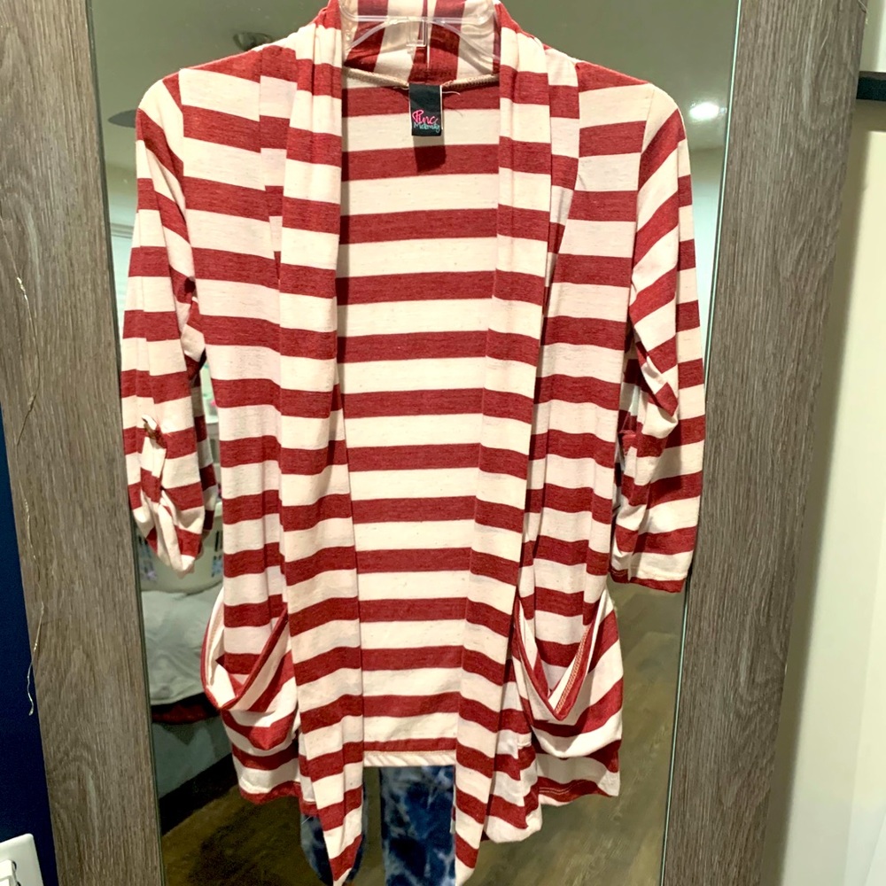 Red white striped open front maternity cardigan sm